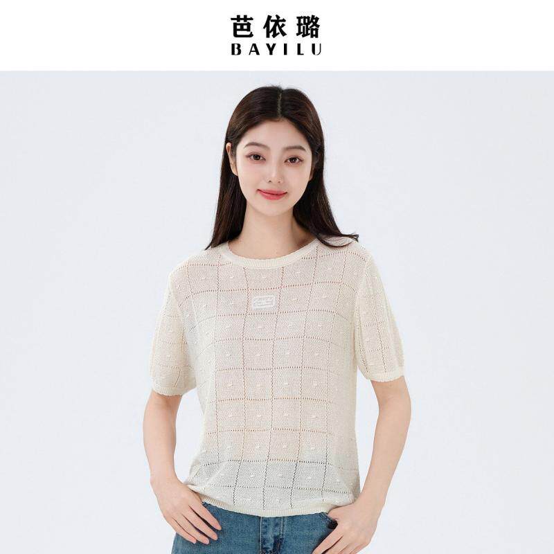 芭依璐亚麻短袖针织衫女2026夏季新款简约圆领显瘦高级感短款上衣
