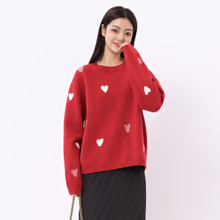 打底毛衣 针织羊毛衫 芭依璐2025秋冬新款 毛衣红色爱心提花设计长袖