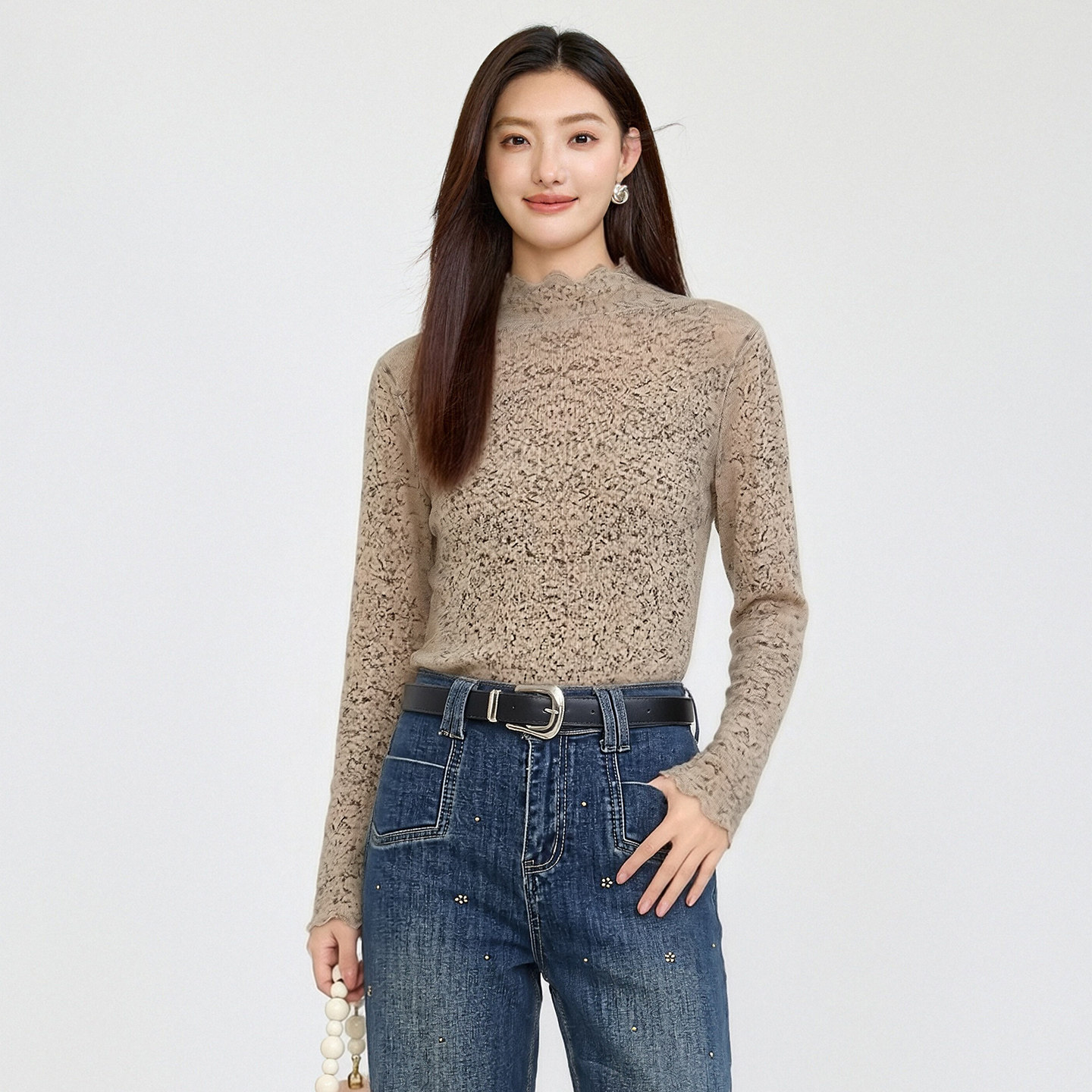 芭依璐秋季半高领蕾丝打底衫女