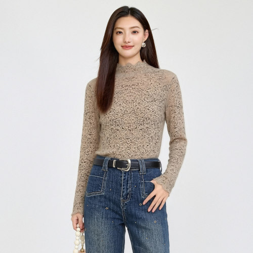 芭依璐秋季半高领蕾丝打底衫女