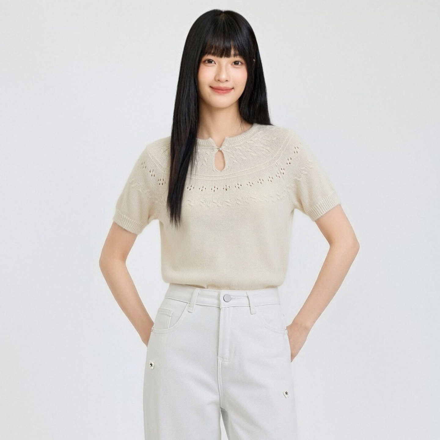 芭依璐秋装一粒扣短袖针织衫女