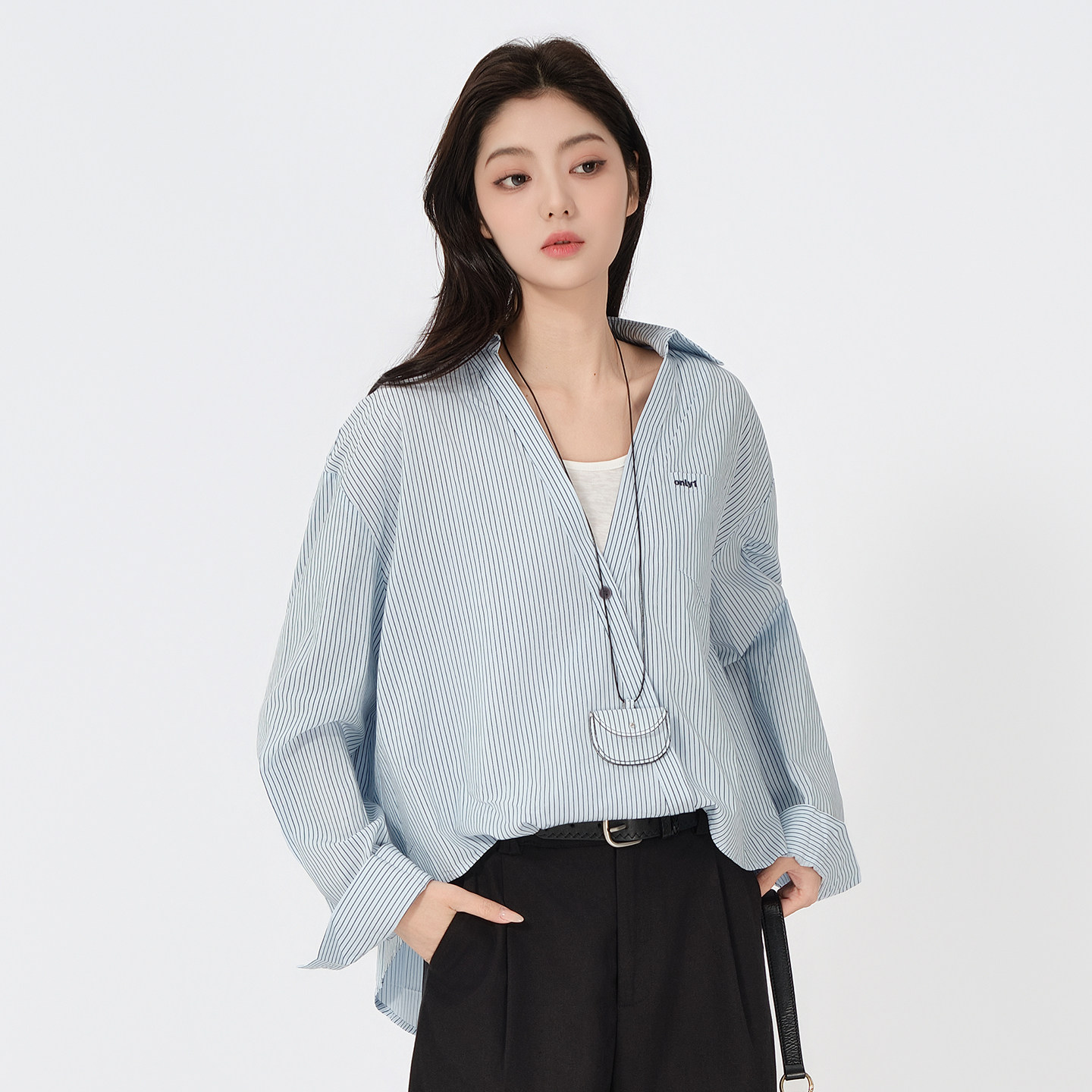 假两件长袖拼接衬衣外搭女