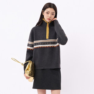 上衣 毛衣女装 芭依璐2025秋冬新款 复古提花半开襟拉链宽松针织衫