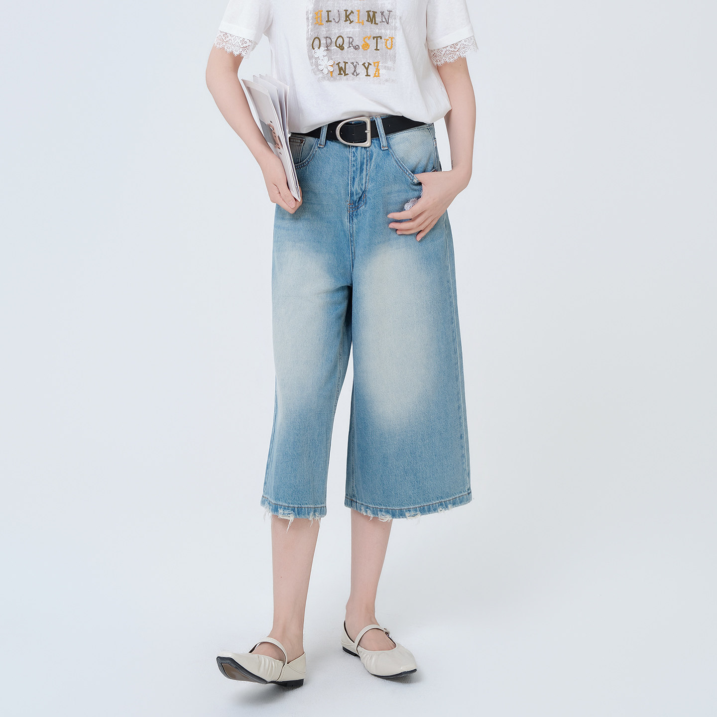 芭依璐高腰阔腿薄款牛仔裤女2026夏季复古宽松显瘦休闲七分短裤女