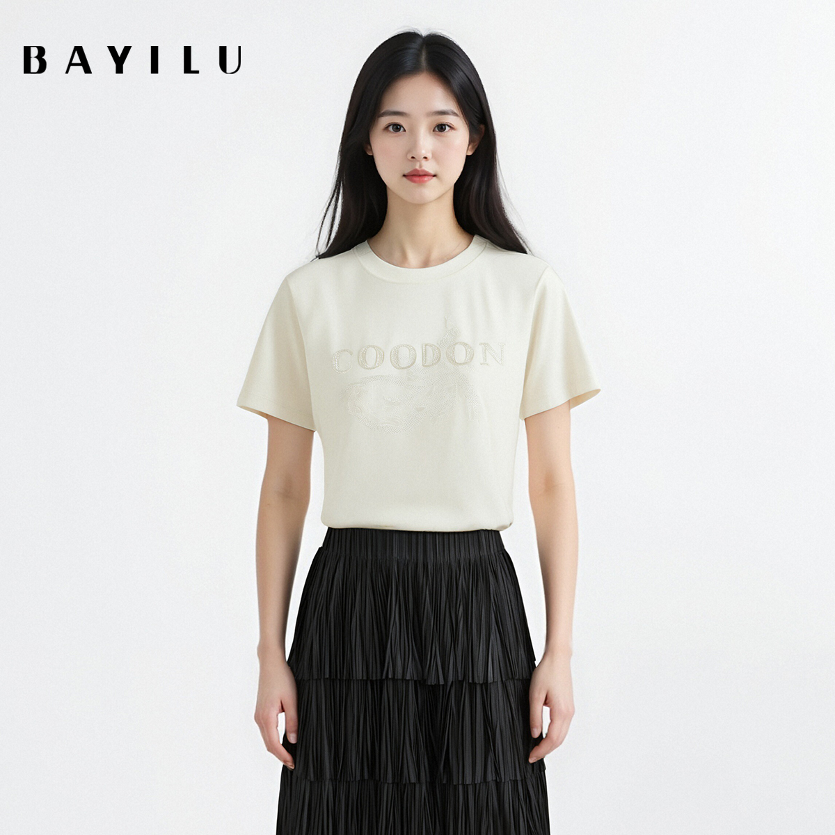 芭依璐2026春季新款T恤上衣字母印花时尚短袖休闲宽松百搭女百搭