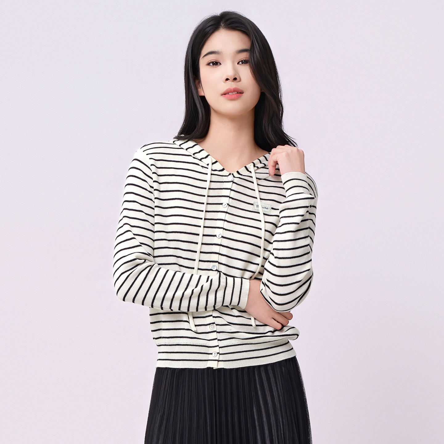 芭依璐秋装韩版时尚连帽条纹设计感宽松百搭针织衫开衫外套女