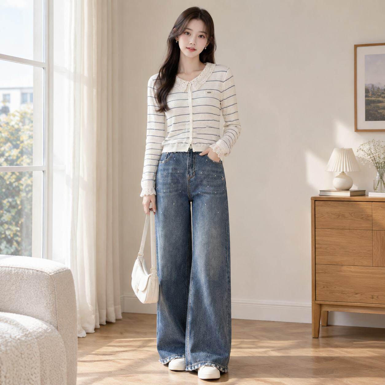 重工烫钻阔腿牛仔裤女百搭直筒