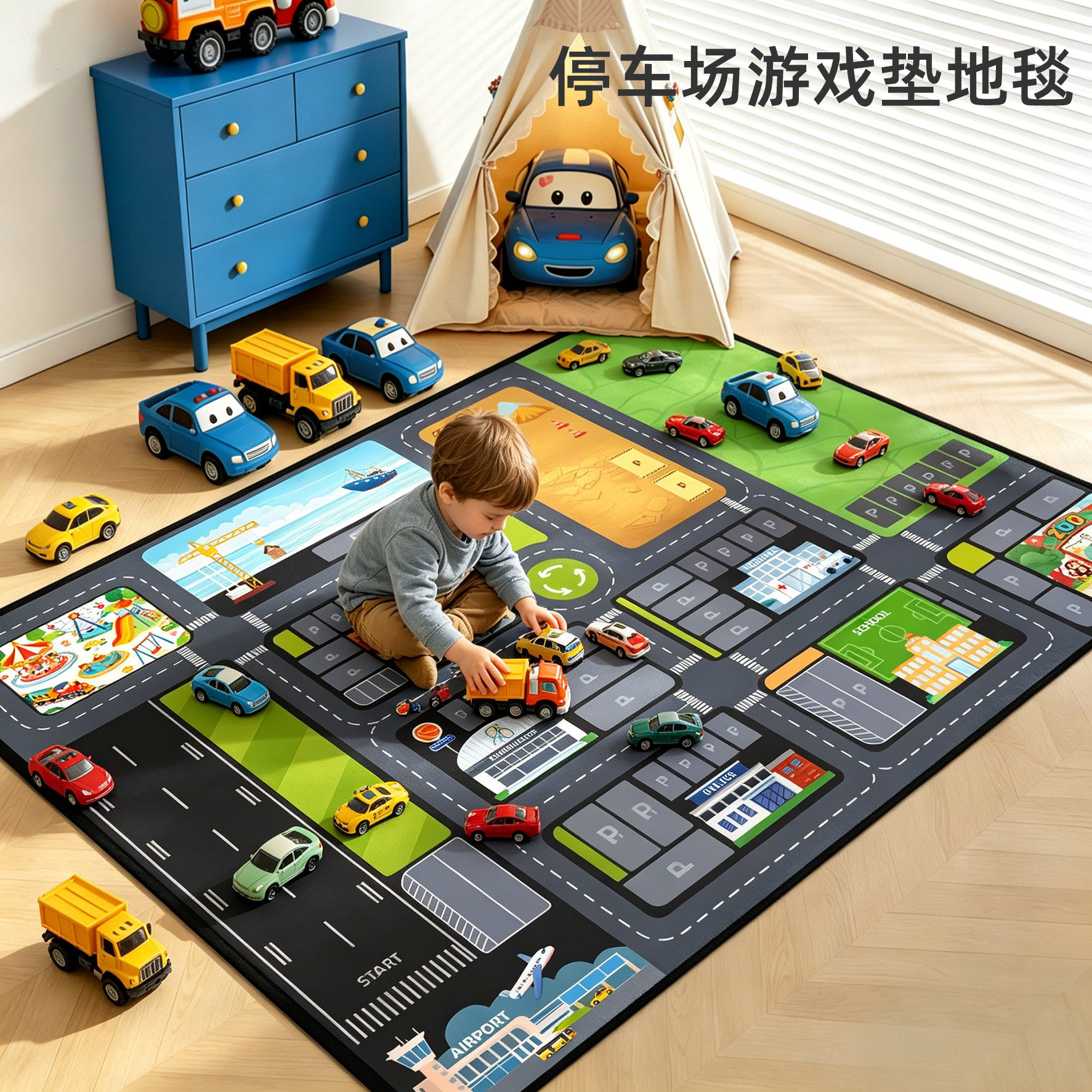 停车场游戏垫地毯城市交通儿童地垫加厚防摔家用宝宝无甲醛爬爬垫