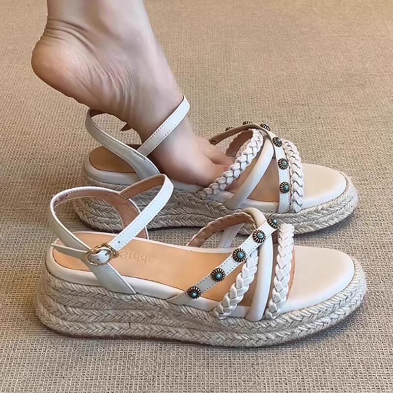 优雅配裙子复古草编厚底鞋女