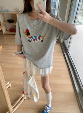 可爱小狗毛巾绣小众灰色短袖T恤女夏季慵懒风宽松休闲白色上衣潮