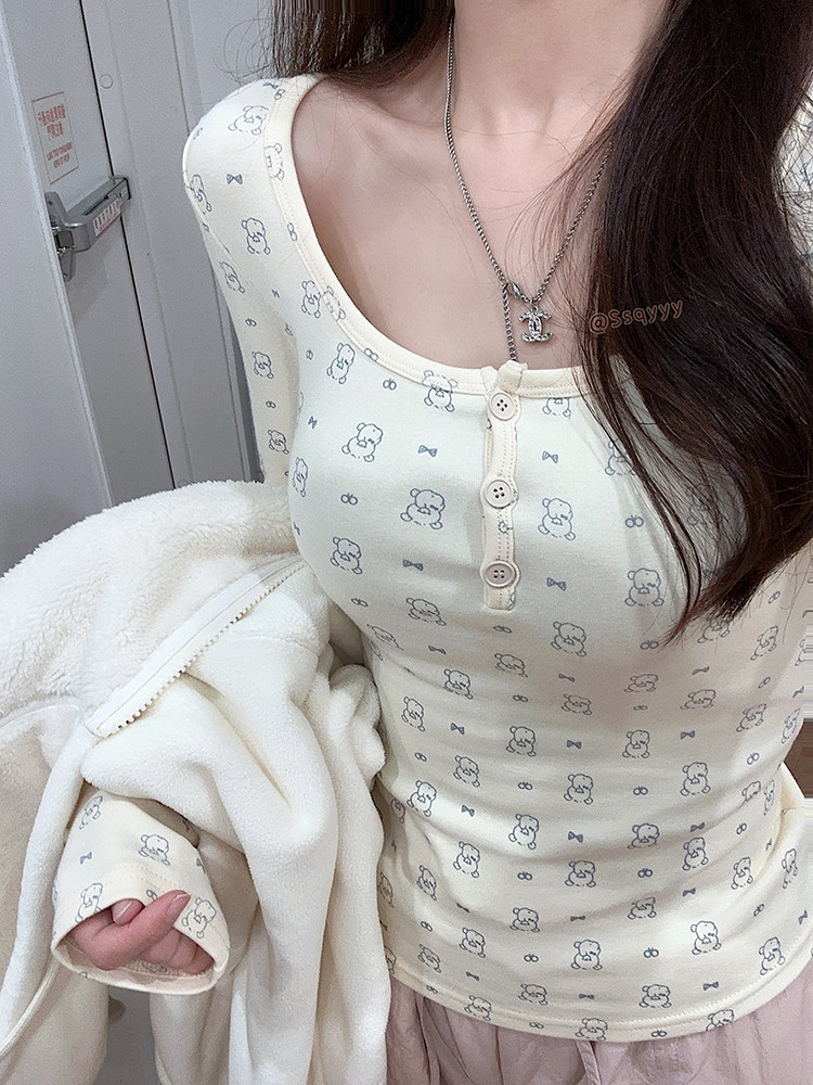 Bm少女感爱心小熊印花打底衫女秋冬圆领针织内搭磨毛长袖T恤上衣