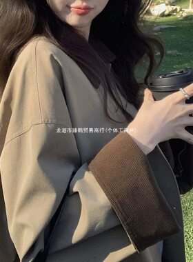 张贝贝1ibell天丝棉灯芯绒拼接工装风衣落肩复古单排扣外套女翻领