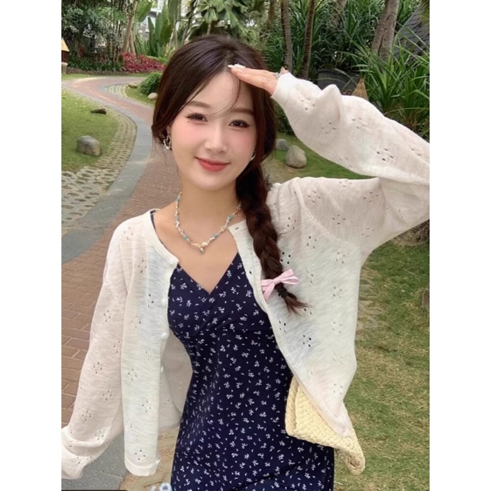 薄款百搭防晒空调衫女夏季chic钩花镂空针织开衫显瘦宽松外搭上衣