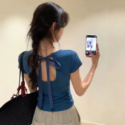 韩系纯欲风蝴蝶结绑带后U型镂空正肩修身短袖T女显瘦圆领短款上衣