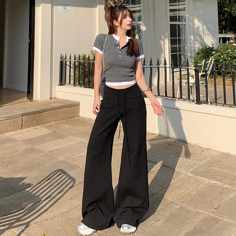 早春基础款空气层微喇叭休闲卫裤运动裤抽绳绑带阔腿裤长裤&加长