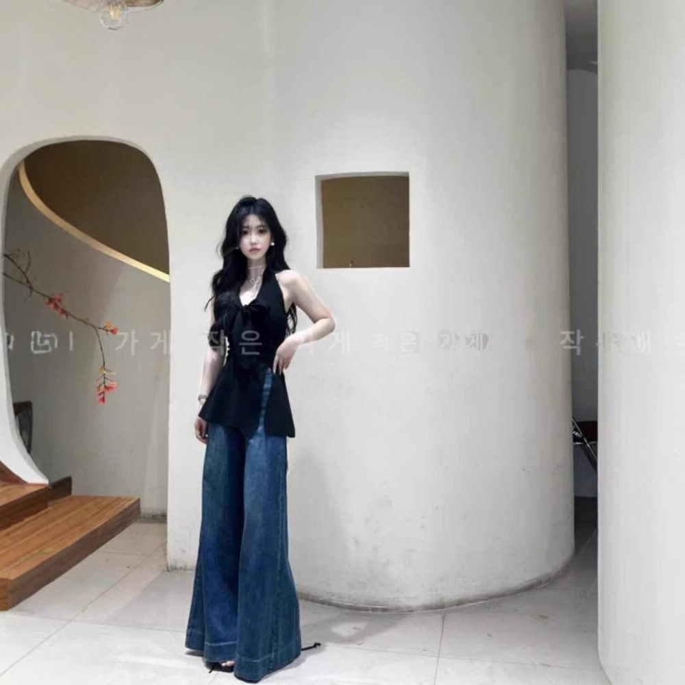法式气质V领黑色挂脖针织背心女夏吊带小衫开叉无袖露肩上衣早秋