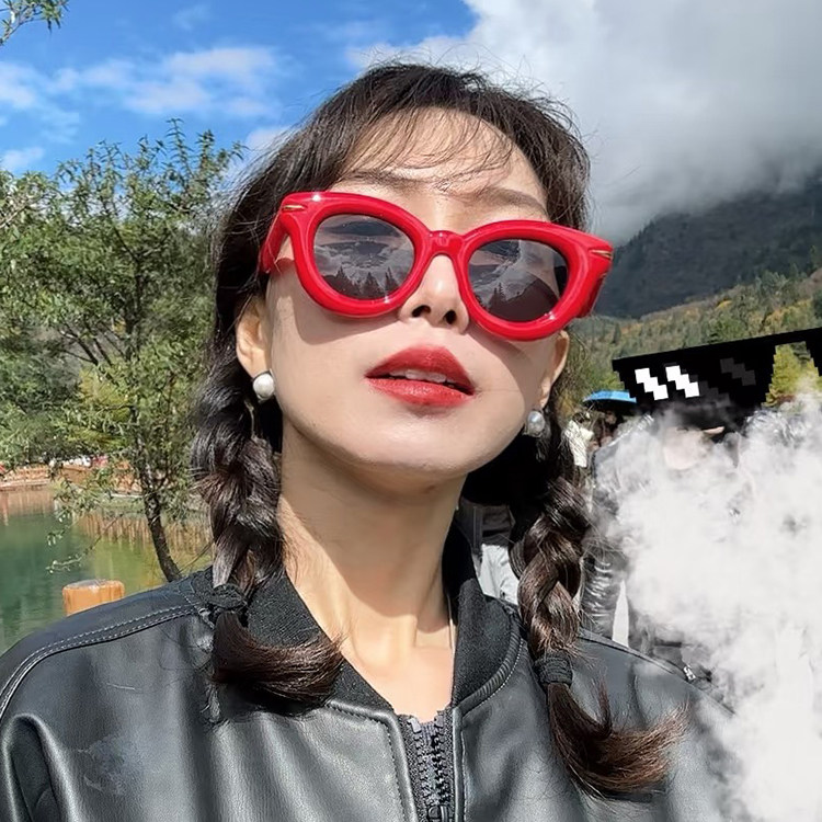 复古安可拉大红色墨镜女款潮欧美充气感太阳镜圆形可爱大框眼镜男