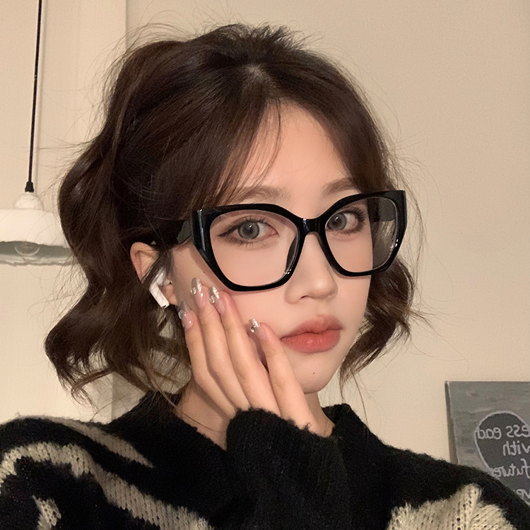超轻黑色多变形猫眼眼镜近视女