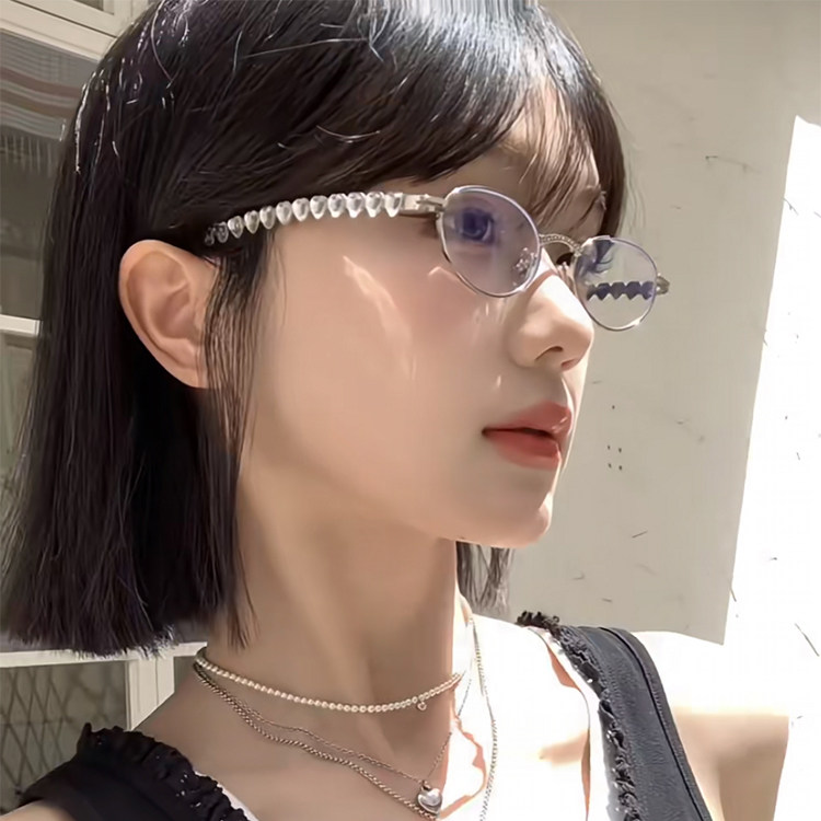 珍妮jennie同款复古椭圆框镶钻眼镜女素颜神器可近视镜平光镜框架