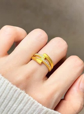 2025越南沙金多层交叉拉丝戒指女款高级设计感满圈排钻食指戒货源