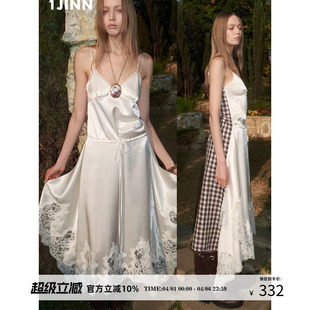 1JINN 蕾丝不规则格纹拼接V领吊带连衣裙女气质长裙 STUDIO