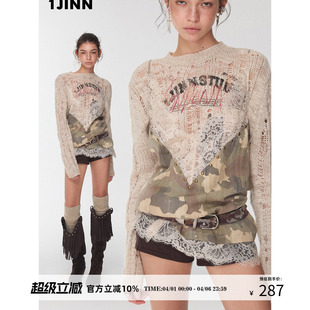 1JINN STUDIO迷彩蕾丝拼接烫钻V领吊带背心女叠穿 韩素希同款