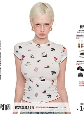 【金泰妍同款】1JINN STUDIO 猫狗印花短袖T恤女紧身弹力显瘦上衣