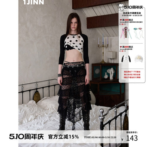 1JINN STUDIO 撞色拼接波点印花插肩七分袖T恤女休闲设计感上衣