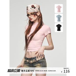 1JINN 烫钻舒适弹力莫代尔基础短袖 小圆领修身 收腰正肩T恤 STUDIO