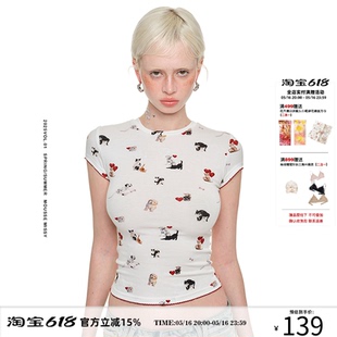 T恤緊身彈力童趣顯瘦短款 1JINN STUDIO 圓領(lǐng)貓狗印花短袖 上衣女夏