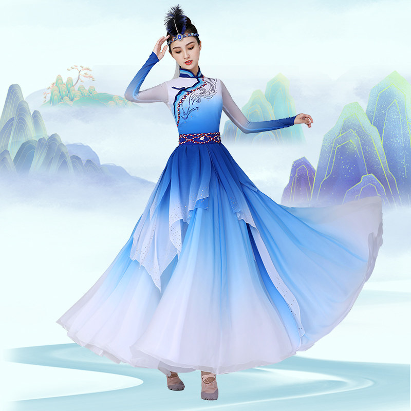 新款蒙古舞蹈服女装蓝色大摆裙服饰长裙鸿雁成人艺考表演服分体