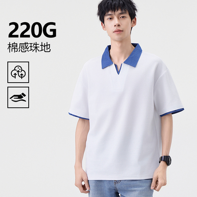 2025新款牛仔领短袖T恤珠地棉翻领男POLO衫宽松港风高级感假两件
