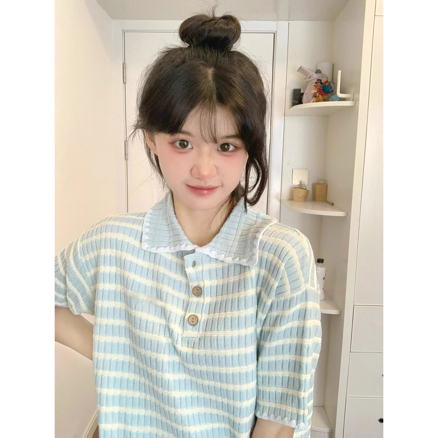 浅蓝色条纹短袖t恤女夏季正肩设计感小众宽松甜美奶乖polo衫上衣