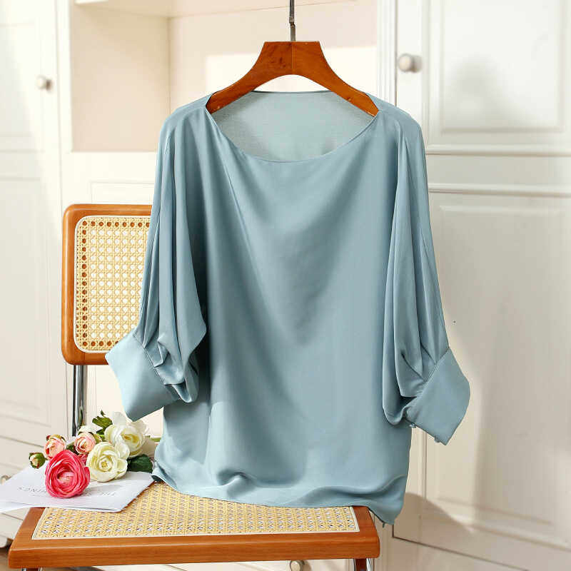 夏季一字领真丝衬衫女缎面百搭多色衬衣高端桑蚕丝上衣七分袖t恤