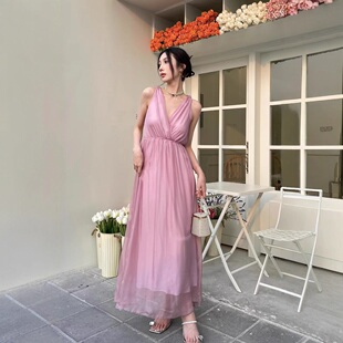 性感V领藕色仙女裙高端无袖连衣裙夏装新款桑蚕丝收腰长裙