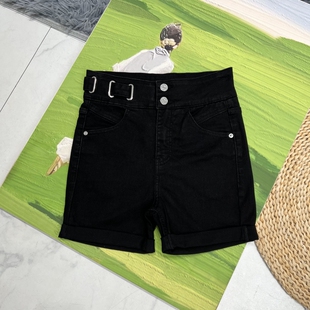 0家少量~美式经典怀旧黑色高腰显瘦修身显腿长弹力A字型牛仔短裤