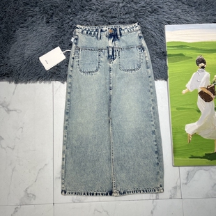 港风复古无弹开叉牛仔裙百搭弹力高腰浅色A字中长裙牛仔半身裙