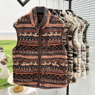复古费尔岛摇粒绒拉链立领无袖 马甲女秋冬保暖仿羊羔毛背心潮