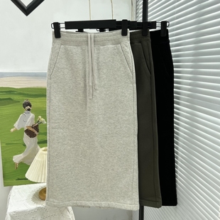 试衣间～冬款 保暖加绒加厚半身裙女抽绳松紧腰后开衩直筒半身卫裙