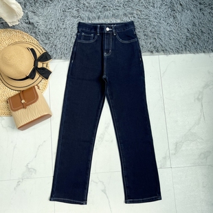 高级炸街 抓绒蓝色明线牛仔裤女宽松高腰直筒烟管裤显瘦牛仔裤冬