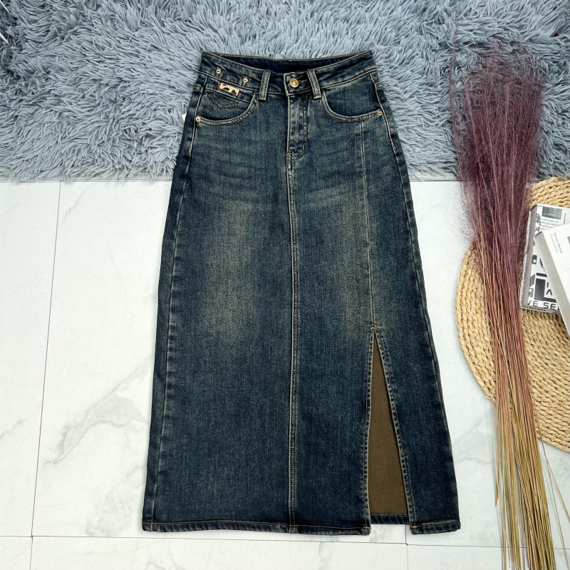 一体绒加厚秋冬侧开叉牛仔裙