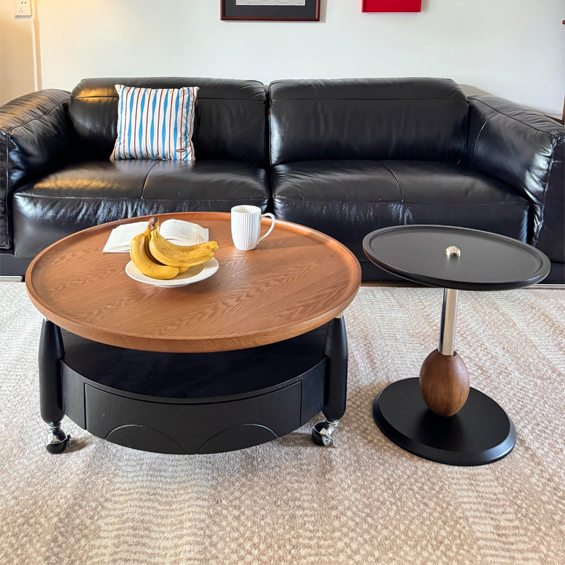 法式复古轻奢实木圆形茶几组合