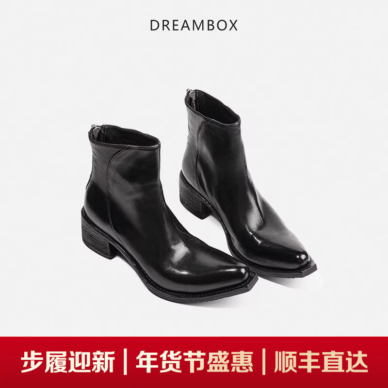 DREAMBOX钧博尖头暗黑先锋靴子女水洗马皮粗跟厚底皮靴气质短靴,女鞋,切尔西靴,淘宝优惠券,粉丝福利购,淘宝优惠卷