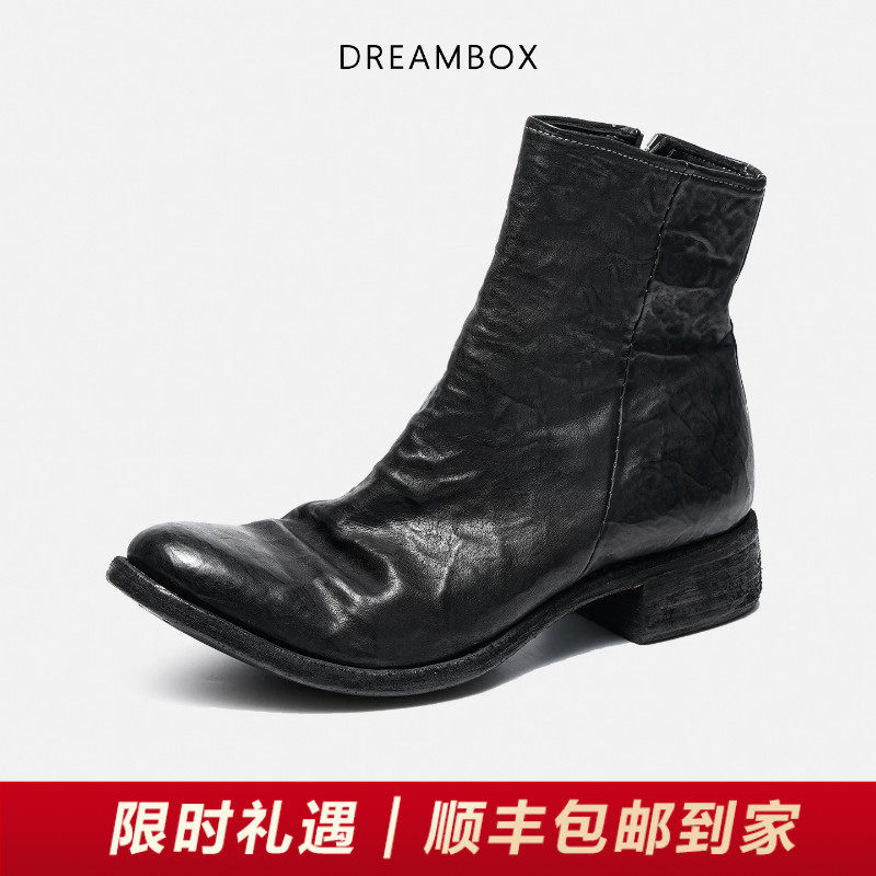 DREAMBOX钧博进口袋鼠皮尖头皮靴纯手工复古靴子暗黑先锋潮酷男靴