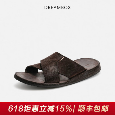 钧博水洗马皮透气舒适一字拖