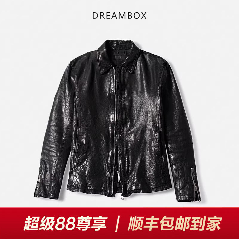 DREAMBOX钧博水洗做旧马皮翻领皮衣阿美咔叽中短款机车皮夹克外套