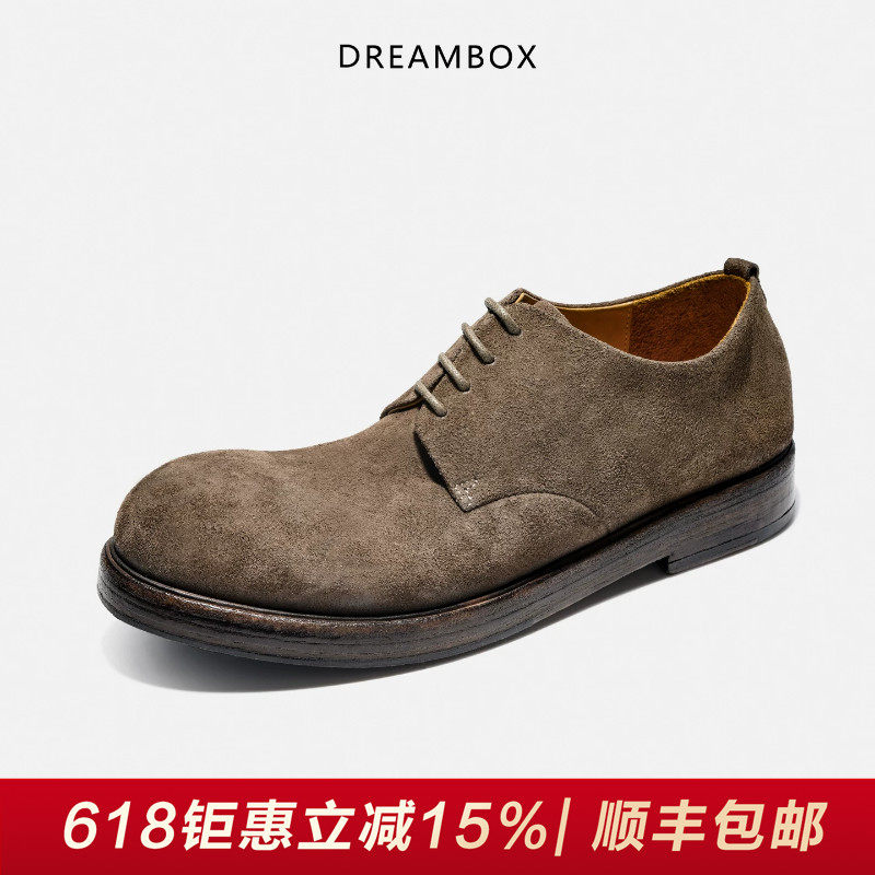 DREAMBOX钧博石洗马皮纯手工男士休闲皮鞋2026新款英伦大头德比鞋