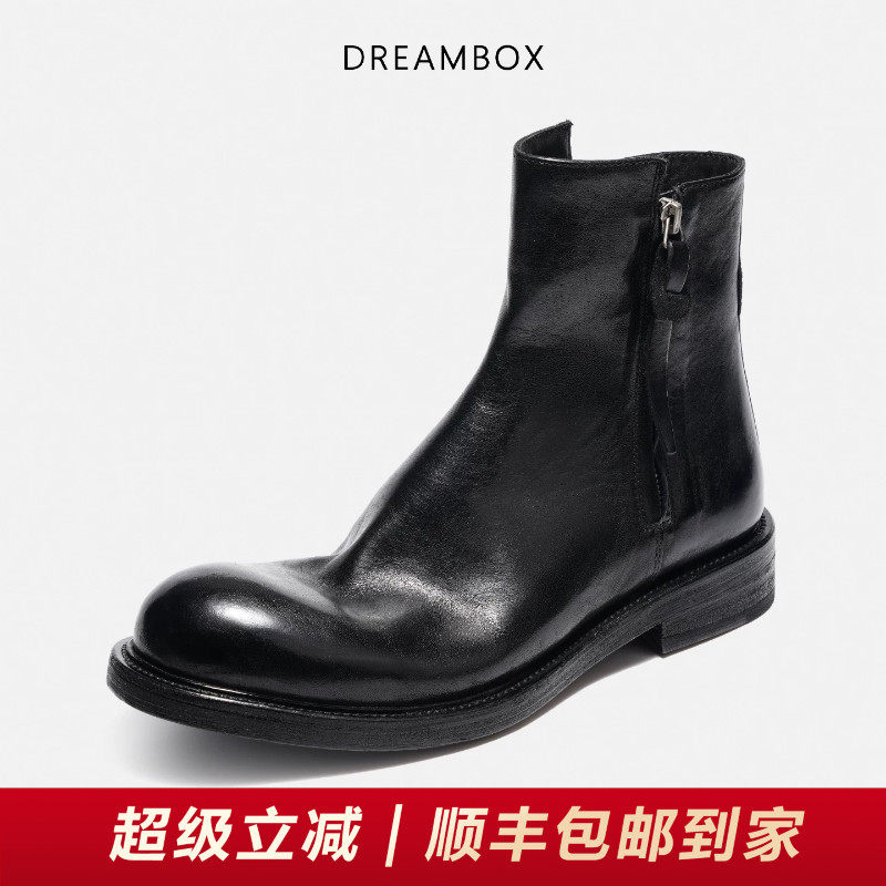 DREAMBOX钧博石洗马皮男靴侧拉链高帮皮靴秋冬新款英伦风切尔西靴