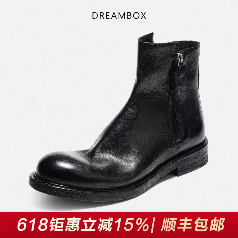 DREAMBOX钧博石洗马皮男靴侧拉链高帮皮靴秋冬新款英伦风切尔西靴
