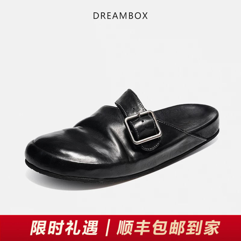 DREAMBOX钧博水洗马皮透气两用包头拖凉鞋男懒人一脚蹬软底勃肯鞋